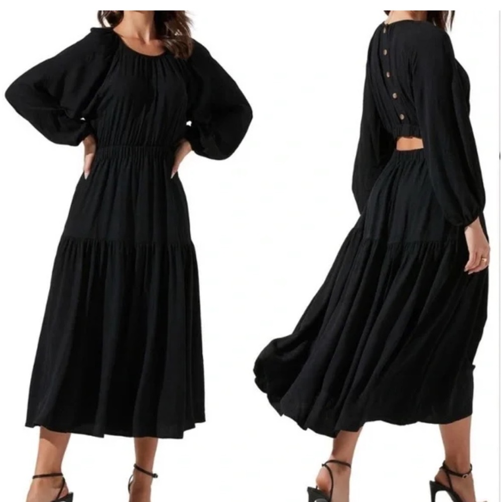 Anthropologie ASTR The Label Black Midi Dress Peak A Boo Back SZ S EUC